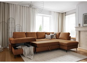 Colțar portocaliu/maro extensibil cu tapițerie din catifea reiată (cu colț pe partea dreaptă) Lofty Lilly – Miuform