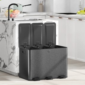 HOMCOM Coș de Gunoi cu 3 Secțiuni de 20L cu Pedală și 2 Capace cu Închidere Silențioasă, Coș de Gunoi din Oțel Inoxidabil și PP, 61.9x36.6x56.7 cm, Negru | Aosom Romania