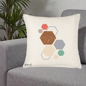 Perna Decorativa Geometric Hexagoane Multicolor, 40x40 cm, Crem Reliefat, Husa Detasabila, Perna Inclusa, BEKZ®