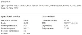 Aplica minimalista cu brat flexibil si Spot MILLY nickel
