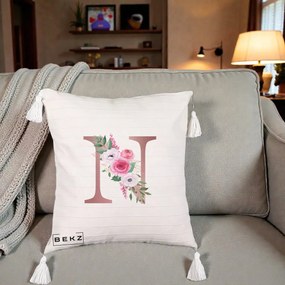 Cadou Personalizat - Perna Personalizata Monograma Rose Gold Litera N, 40x40 cm, Bej cu Franjuri, Husa Detasabila, Perna Inclusa, BEKZ®
