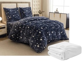 Set 2 buc Lenjerie cocolino STARLIGHT albastru inchis + Cearsaf Cocolino microplus cu elastic SOFT 180x200 cm alb, pat dublu