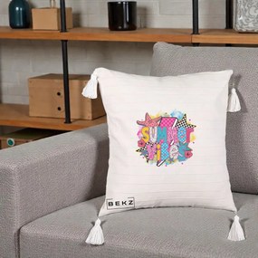 Perna Decorativa Summer Vibes Colorata, 40x40 cm, Bej cu Franjuri, Husa Detasabila, Perna Inclusa, BEKZ®