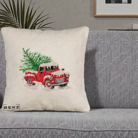 Perna Decorativa Camioneta Rosie Brad de Craciun, 40x40 cm, Bej Canapea, Husa Detasabila, Perna Inclusa, BEKZ®