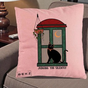 Perna Decorativa Judging You Silently Pisica Geam, 40x40 cm, Roz, Husa Detasabila, Perna Inclusa, BEKZ®