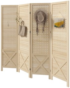 HOMCOM, Paravan interior din lemn, 4 panouri, separator de cameră pliabil, panou perforat, 152 x 1,7 x 144,5 cm, lemn natural | Aosom Romania