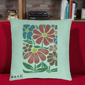 Perna Decorativa Flori Grafice Colorate Retro, 40x40 cm, Verde Menta, Husa Detasabila, Perna Inclusa, BEKZ®