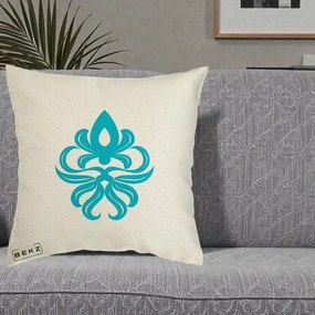 Perna Decorativa Ornament Turcoaz Fleur de Lis, 40x40 cm, Ecru, Husa Detasabila, Perna Inclusa, BEKZ®