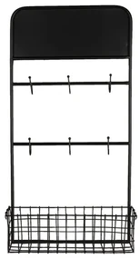 Etajera de perete, neagra, din metal, cu 6 agatatori si un cos, Virelle