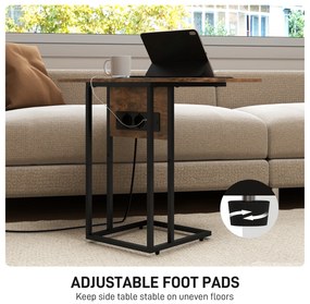 HOMCOM Măsuță de cafea în formă de C, extensibilă, cu 2 stații de încărcare, lemn și metal, 39x29x57 cm, negru și maro | Aosom Romania