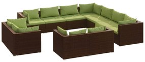 Set mobilier de gradina cu perne, 11 piese, maro, poliratan maro si verde, 7x colt + 4x mijloc, 1