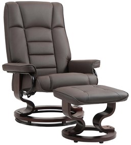 HOMCOM Fotoliu de relaxare cu taburet, rotativ & inalt reglabil, piele ecologică, până la 150 kg, cadru din lemn, Maro | Aosom Romania