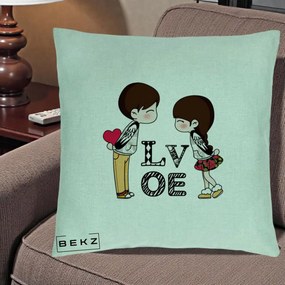 Cadou Romantic - Perna Personalizata Cuplu Kawaii LOVE, 40x40 cm, Verde Menta, Husa Detasabila, Perna Inclusa, BEKZ®