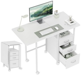 HOMCOM Birou de calculator pliabil pe roți, birou cu depozitare, 3 sertare, blat extensibil, 105x51x75,5cm, alb | Aosom Romania
