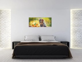 Tablou cu pisicuța uitându-se la floare (120x50 cm)