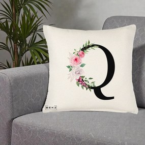 Cadou Personalizat - Perna Personalizata Monograma Florala Litera Q, 40x40 cm, Crem Reliefat, Husa Detasabila, Perna Inclusa, BEKZ®