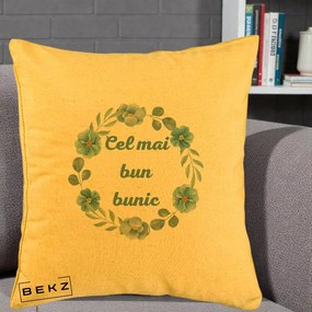 Cadou pentru Bunic - Perna Personalizata Cel Mai Bun Bunic Coronita Flori Albastre Teal, 40x40 cm, Galben, Husa Detasabila, Perna Inclusa, BEKZ®