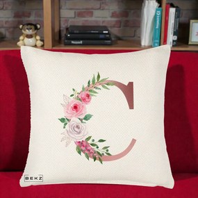 Cadou Personalizat - Perna Personalizata Monograma Rose Gold Litera C, 40x40 cm, Crem Reliefat, Husa Detasabila, Perna Inclusa, BEKZ®