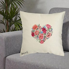 Perna Decorativa Inima din Bujori Acuarela, 40x40 cm, Ecru, Husa Detasabila, Perna Inclusa, BEKZ®