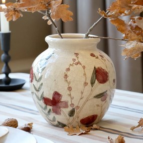 Vaza din ceramica, crem, cu motive florale, H18/D18cm