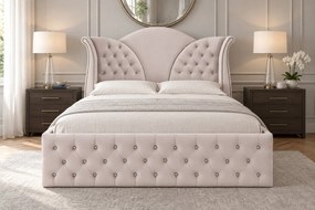 Pat tapițat Chesterfield din catifea Velora Cristal 160×200 cm, crem, cu ladă de depozitare