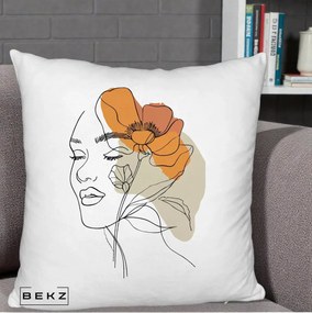 Perna Decorativa Portret Feminin Mac Mare Portocaliu, 40x40 cm, Alb Pufos, Husa Detasabila, Perna Inclusa, BEKZ®