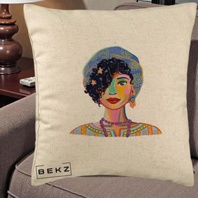 Perna Decorativa Portret Femeie Etnic Colorat, 40x40 cm, Bej, Husa Detasabila, Perna Inclusa, BEKZ®
