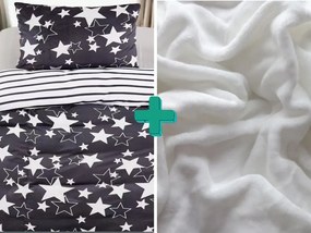 2x lenjerie de pat microplush STARS gri + cearșaf microplush SOFT 180x200 cm alb