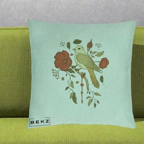Perna Decorativa Pasare pe Ramura cu Maci, 40x40 cm, Verde Menta, Husa Detasabila, Perna Inclusa, BEKZ®