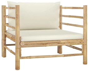 Set mobilier gradina, 12 piese, perne alb crem, bambus Crem, 3x colt + 5x mijloc + fotoliu + 2x suport pentru picioare + masa, 1