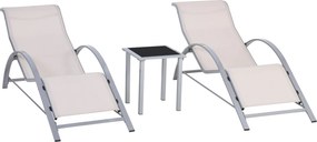 Outsunny Set de 2 Șezlonguri și Măsuță cu Blat din Sticlă, 59x169x66 cm, Crem | Aosom Romania