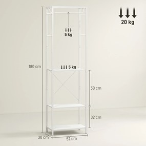 HOMCOM Cuiere de Intrare cu Suport pentru Încălțăminte, Bară pentru Haine, 4 Cârlige, Raft Superior și 2 Rafturi pentru Încălțăminte, 52x30x180 cm, Alb | Aosom Romania