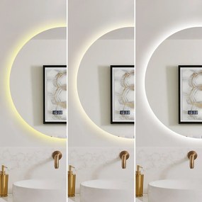 Oglindă LED Rotundă (60 cm), 3 Moduri Iluminare (Lumină Rece, Naturală, Caldă), Intensitate Reglabilă, Funcție Dezaburire, Ceas (Timer) și Termometru, Control Tactil (Touch)