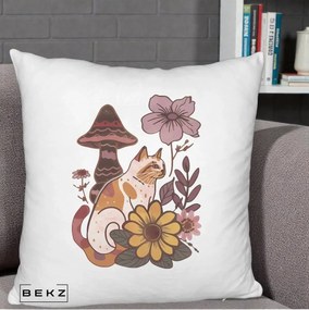 Perna Decorativa Pisica Vintage Florala Boho, 40x40 cm, Alb Pufos, Husa Detasabila, Perna Inclusa, BEKZ®