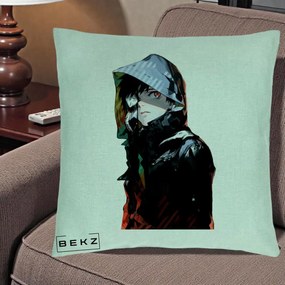 Perna Personalizata Tokyo Ghoul Ken Kaneki cu Masca si Gluga, 40x40 cm, Verde Menta, Husa Detasabila, Perna Inclusa, BEKZ®