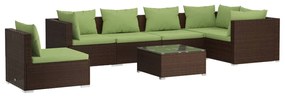 Set mobilier de gradina cu perne, 7 piese, maro, poliratan maro si verde, 3x colt + 3x mijloc + masa, 1