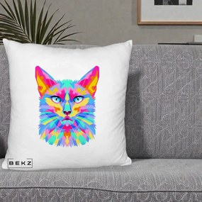Perna Decorativa Pisica Pop Art Multicolor, 40x40 cm, Alb Pufos, Husa Detasabila, Perna Inclusa, BEKZ®
