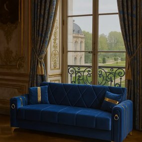 Canapea extensibila cu lada de depozitare 220x87x93 cm ,albastru, detalii aurii –Camara