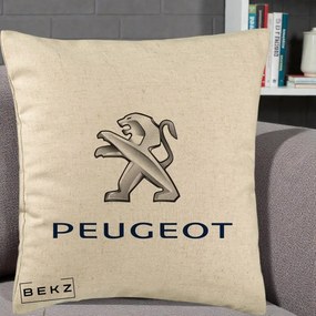 Perna Personalizata cu emblema Peugeot, 40x40 cm, Bej, Husa Detasabila, Perna Inclusa, BEKZ®