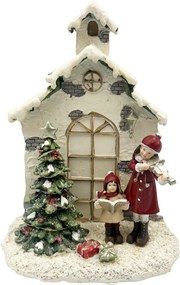 Decor Craciun cu LED ,   Casuta cu brad si colindatori in haine rosii JOY,16x21cm