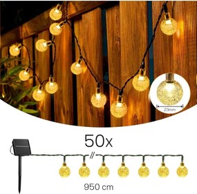 Ghirlandă solară decorativă LED, 50 LED, 8 funcții, acumulator 500 mAh, 9,5 m, IP67, alb cald