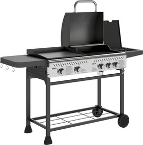 Outsunny Grătar pe Gaz cu Plită și Arzător, Capac cu Termometru Negru | Aosom Romania