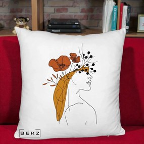 Perna Decorativa Portret Feminin Maci Rosii Auriu, 40x40 cm, Alb Pufos, Husa Detasabila, Perna Inclusa, BEKZ®