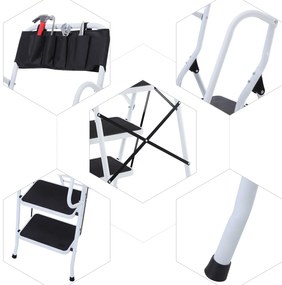 HOMCOM Scară pliabilă 4 trepte XL cu trepte antiderapante, bare duble de siguranță, geantă scule, max.1,55 m, 150 kg, otel, alb/negru | Aosom Romania