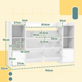 AIYAPLAY Dulap pentru jucării pentru copii cu 8 recipiente detașabile și dulapuri, 140x30x90 cm, alb | Aosom Romania