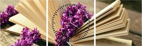 Tablou cu carte și floare violetă (cu ceas) (90x30 cm)
