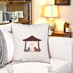 Perna Decorativa Ieslea din Betleem cu Iesle Asin si Bou, 40x40 cm, Bej cu Franjuri, Husa Detasabila, Perna Inclusa, BEKZ®