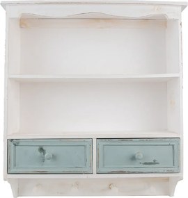 Etajeră de perete vintage din lemn, alb și bleu, cu 2 sertare, 2 rafturi și 4 agățători, 60 x 56 x 13 cm, „Avallon”