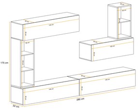 Mobilier Living suspendat, 280 cm lungime , alb lucios pvc alb mat carcasa, usi deschidere push open prin apasare,