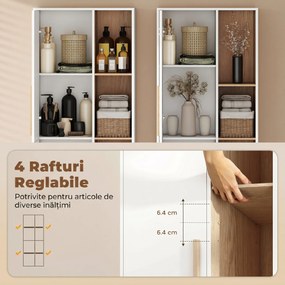 HOMCOM Dulap de Baie Înalt, Dulap Salvaspațiu cu 2 Uși și 4 Rafturi Deschise, Rafturi Reglabile, pentru Spălătorie, 62.5x35x176 cm, Alb | Aosom Romania